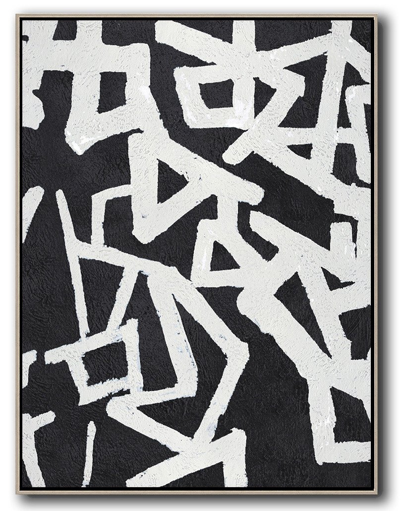 Hand-Painted Black And White Minimal Painting On Canvas - Modern Art For Sale Guest Room Large